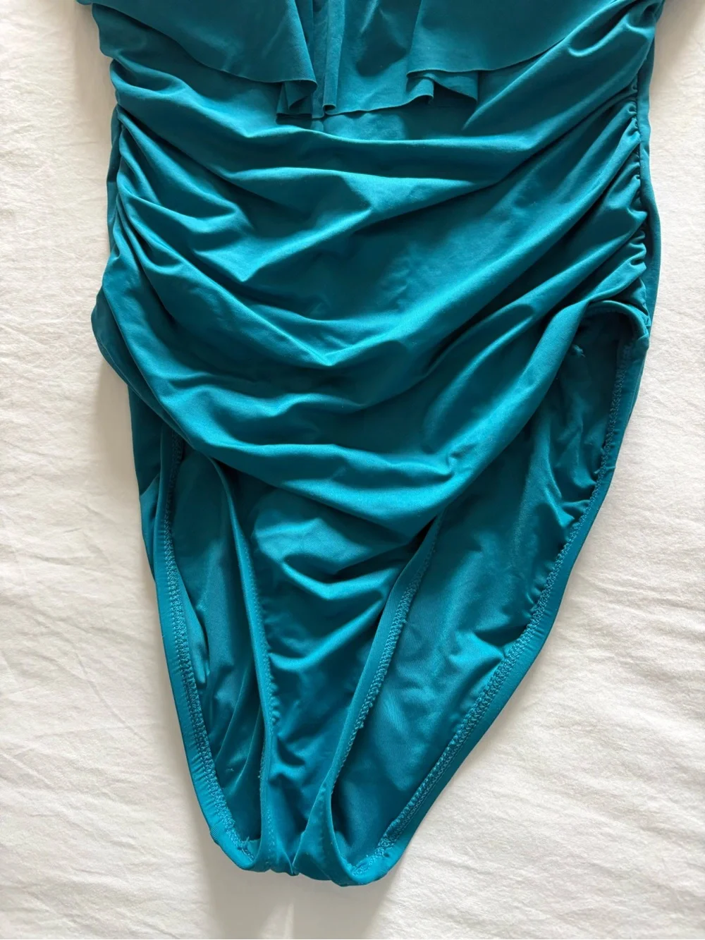 La Blanca Off The Shoulder Ruffle One Piece Swimsuit Teal Ruched Corset Back 8 - Picture 4 of 8